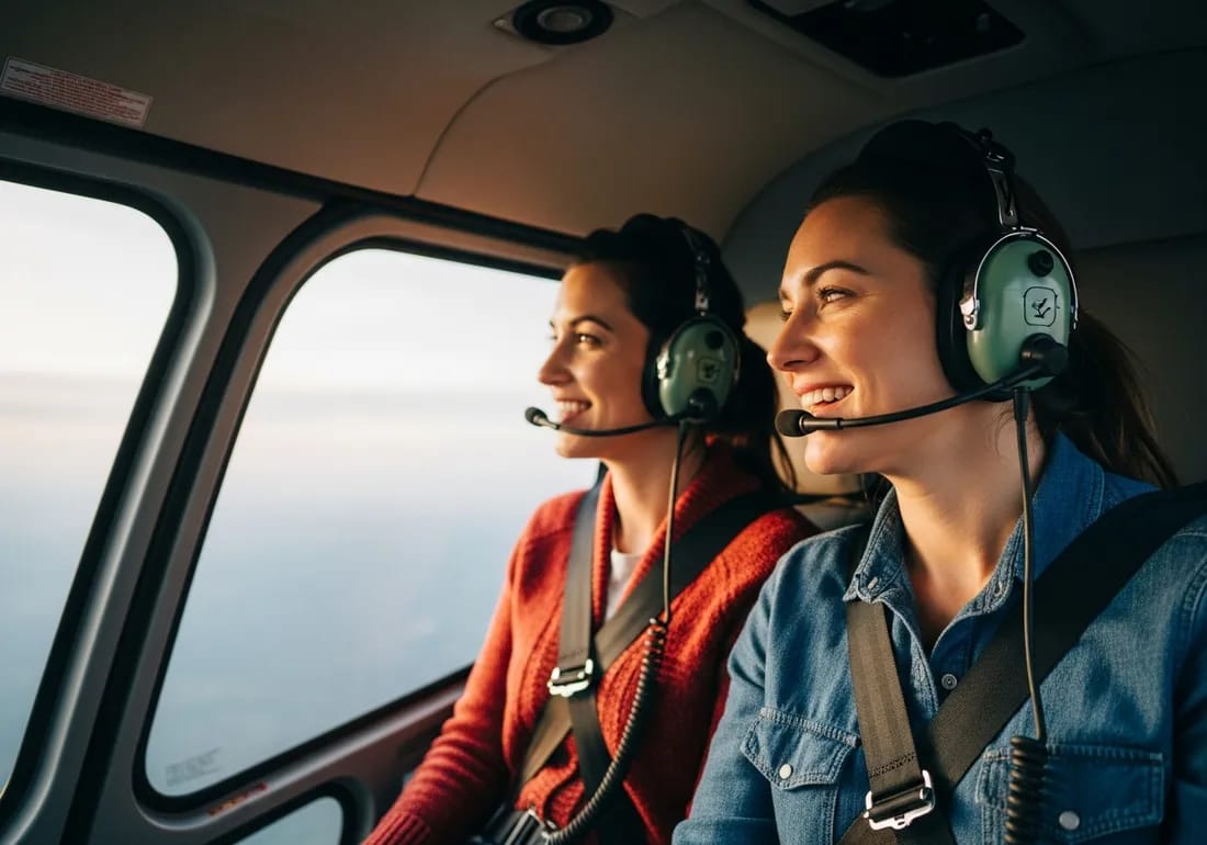 Passengers enjoying the view inside the helicopter cabin