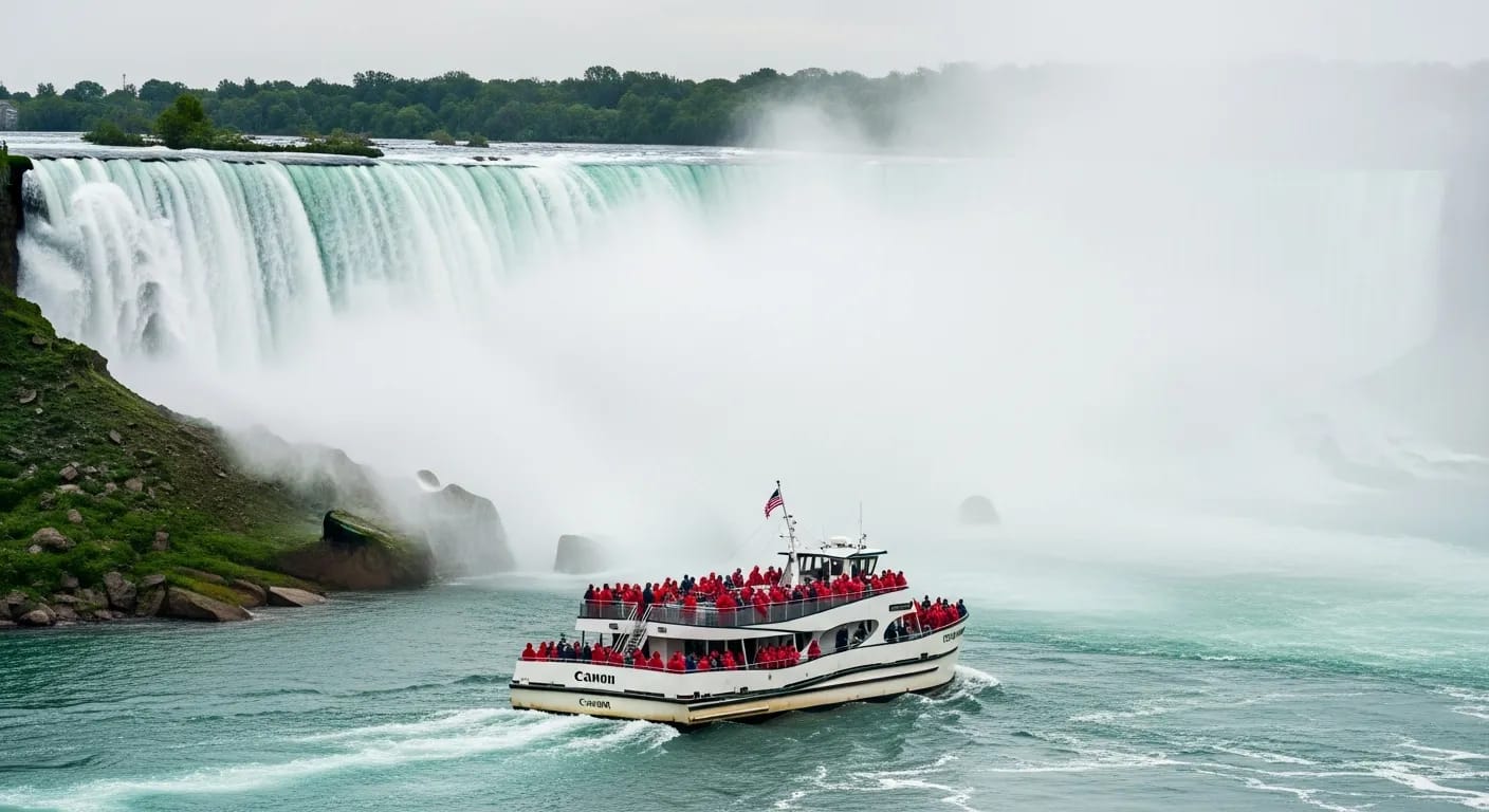 Tour boat in the mist at the base of Horseshoe Falls at Niagara