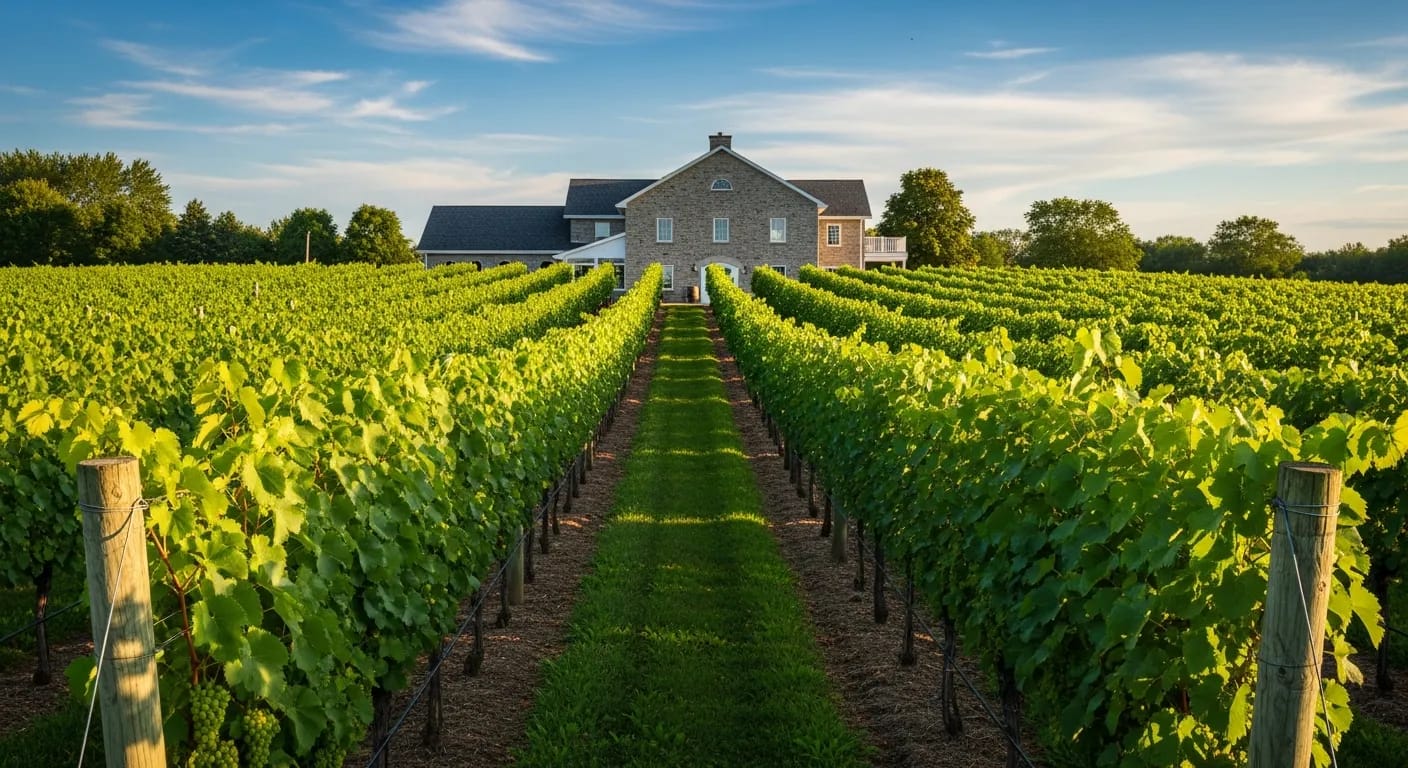 Vineyard rows leading to a winery in Niagara-on-the-Lake
