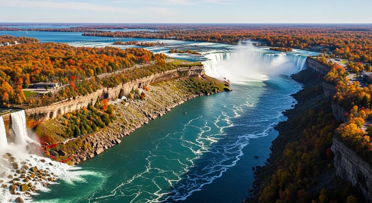 Niagara gorge framed by autumn foliage seen from a helicopter