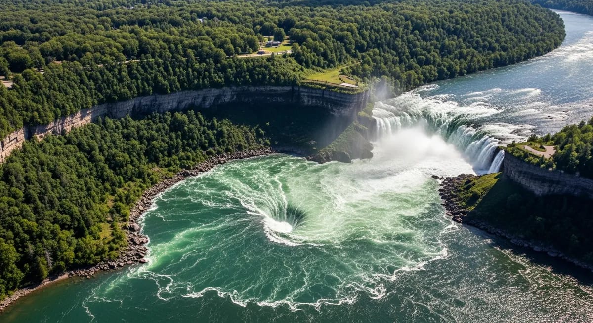 Aerial view of the Niagara Gorge and Whirlpool with green river water below