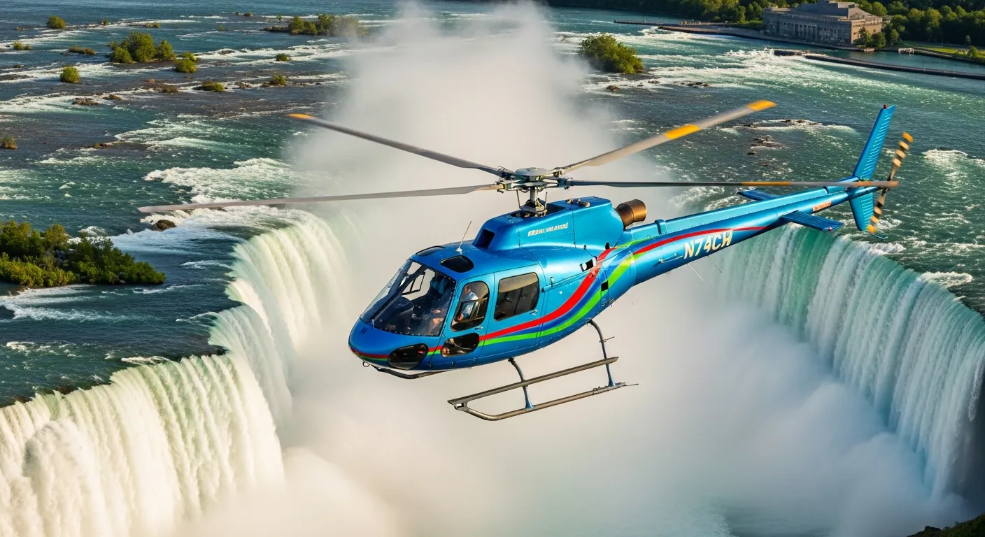 Colourful helicopter banking over Horseshoe Falls at Niagara