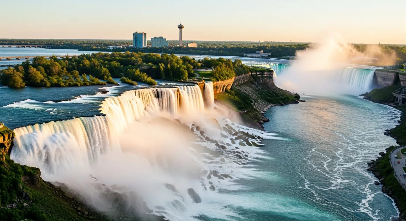 Aerial view of Horseshoe Falls with mist rising over turquoise water