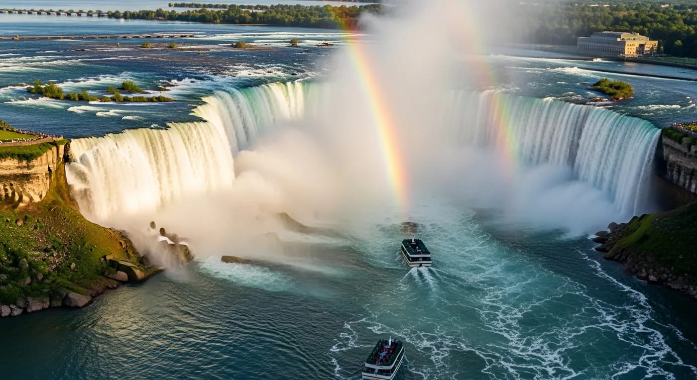 Horseshoe Falls seen from above with a rainbow arching through the mist