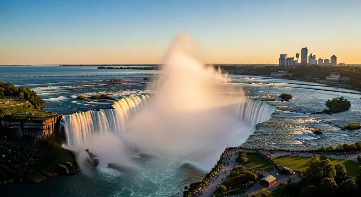 Aerial view of Niagara Falls and the surrounding skyline from a helicopter