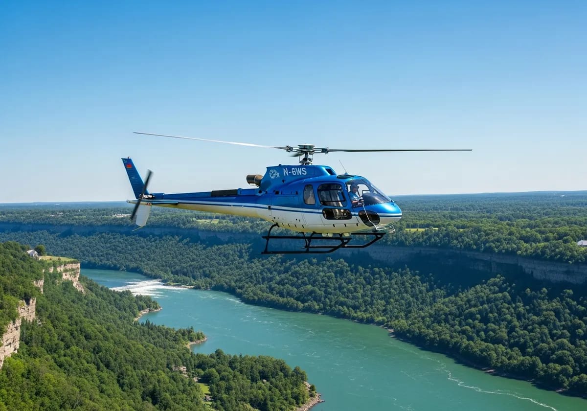 Airbus H130 helicopter on the pad ready to fly over Niagara Falls